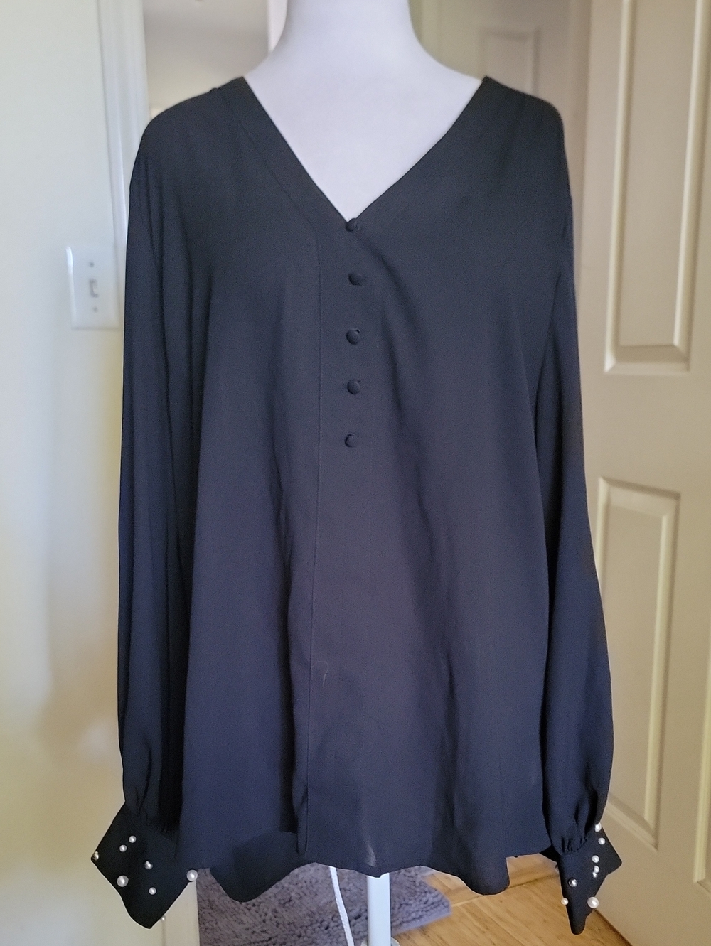 Express Black V-Neck Button-Front Long Sleeve Blouse with Embellished Cuffs